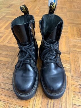 Dr. Martens Black Leather Lace-Up Boots with Yellow Stitching